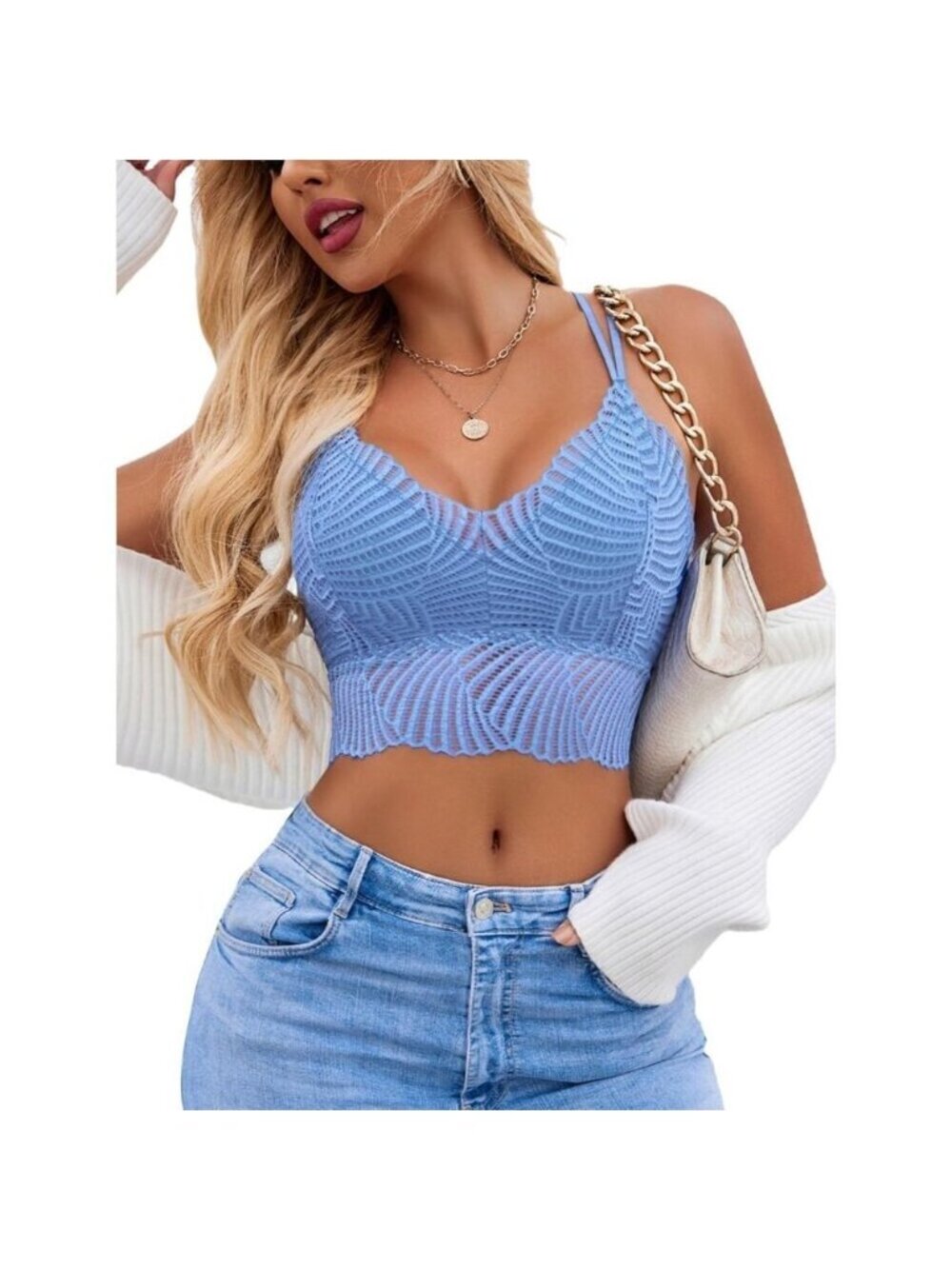 Women's Light Blue Lace Camisoles Double-layered V-neck Sexy Bralettes Crop Top